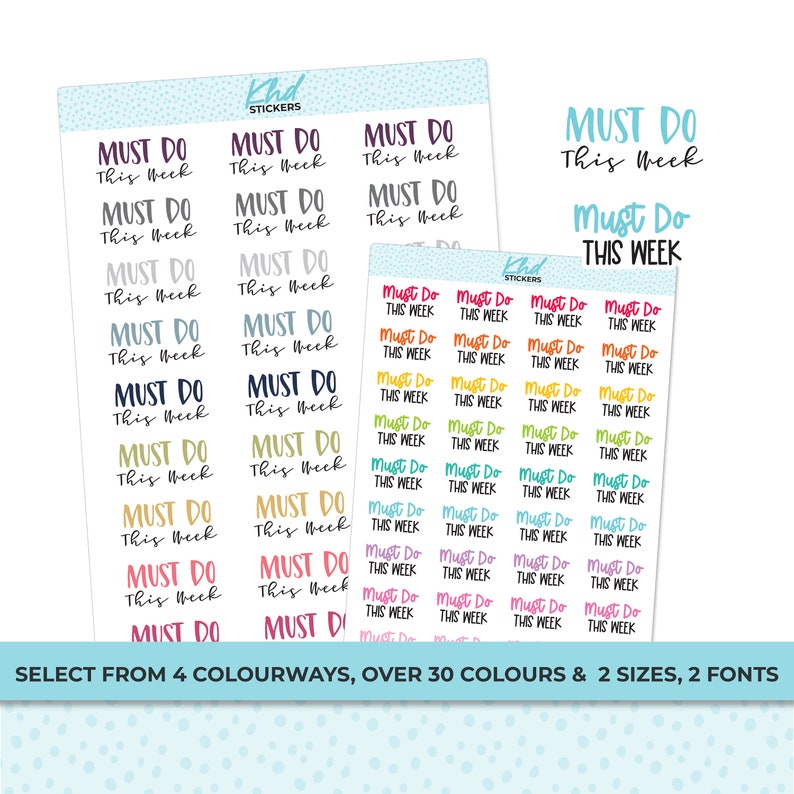 Must Do This Week Planner Stickers, Two sizes and font options, Over 30 colours, Removable image 1