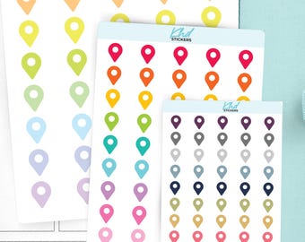 Map Pin Stickers, Planner Stickers, 3 sizes and over 30 colours, Removable