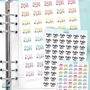 May include: Three sheets of adhesive planner stickers featuring the text Pizza Night, Pasta Night, and Taco Night in various colors and fonts. The stickers are arranged in grids on white backing paper, with the KHD Stickers logo visible.