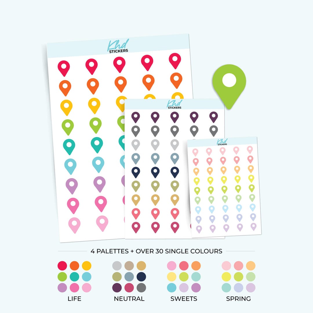 Map Pin Stickers, Planner Stickers, 3 Sizes and Over 30 Colours ...