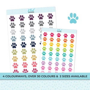 Paw Print Icon Stickers, Planner Stickers, 2 sizes and over 30 colours, Removable