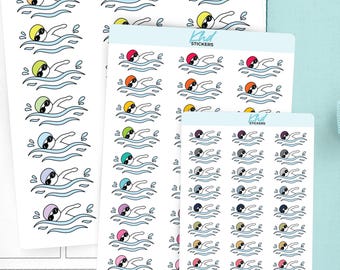 Swimming Stickers, Planner Stickers, 3 Sizes with Tiny, Small, and Large, Removable