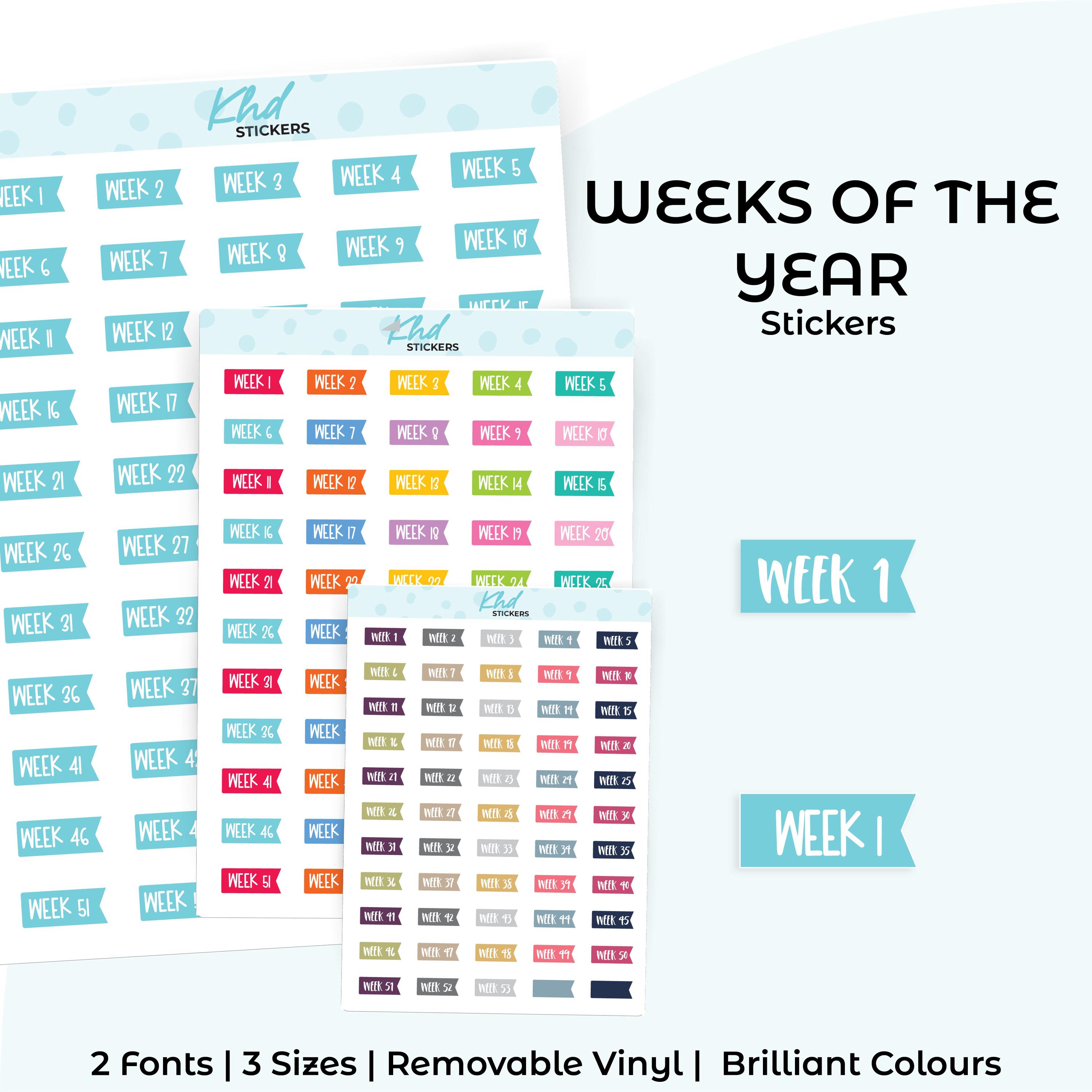 Week Numbers Stickers Weeks of the Year Planner Stickers, Three Sizes Including Tiny ...