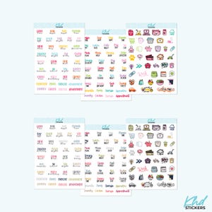 Op de afbeelding: Planner stickers met pictogrammen en tekstlabels. De vellen hebben een lichtblauwe, gestippelde achtergrond. De stickers bevatten pictogrammen voor maaltijden, afspraken en andere dagelijkse activiteiten. Afmetingen in cm.