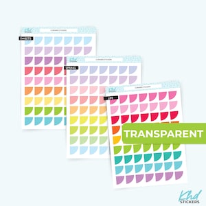 May include: Three sheets of corner stickers in rainbow colours, labelled "Sweets", "Spring", and "Life". The stickers are arranged in a gradient. A green banner reads "Transparent". The brand name "Khd Stickers" is at the bottom.