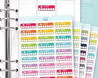 May include: A collection of rectangular planner stickers featuring a variety of colors, each labeled with the word SLEEP and a row of small white cloud icons. The stickers are arranged in columns on multiple sheets, with the brand name Khd Stickers.