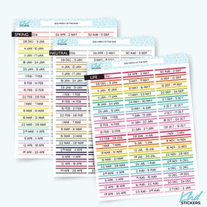 May include: A set of planner stickers with the text "2026 Weeks of the Year." The stickers are organised by season and include dates from December to the following year, with a variety of colours for each week.