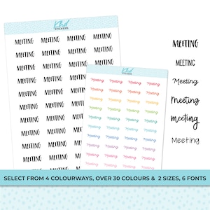 Meeting Stickers, Planner Stickers, Select from 6 fonts & 2 sizes, Removable