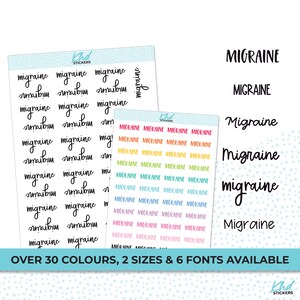 Migraine Stickers, Planner Stickers, Select from 6 fonts & 2 sizes, Removable