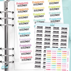 May include: Three sheets of adhesive planner stickers featuring the text Professional Development in various colours, Teacher Training in black, and Training in multicoloured script. The stickers are displayed on a white binder page.