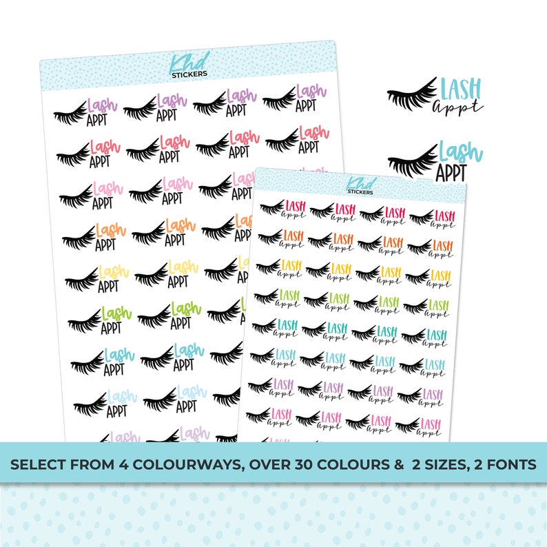 Lash Appointment Planner Stickers, Script Stickers, Two sizes and font options, Over 30 colours, Removable image 1
