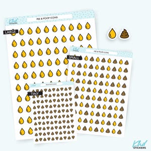 May include: Sticker sheets featuring yellow teardrop and brown poop icons in various sizes: large, small, and tiny. The text "PEE & POOP ICONS" is at the top of each sheet. The brand name "Khd STICKERS" is at the bottom.
