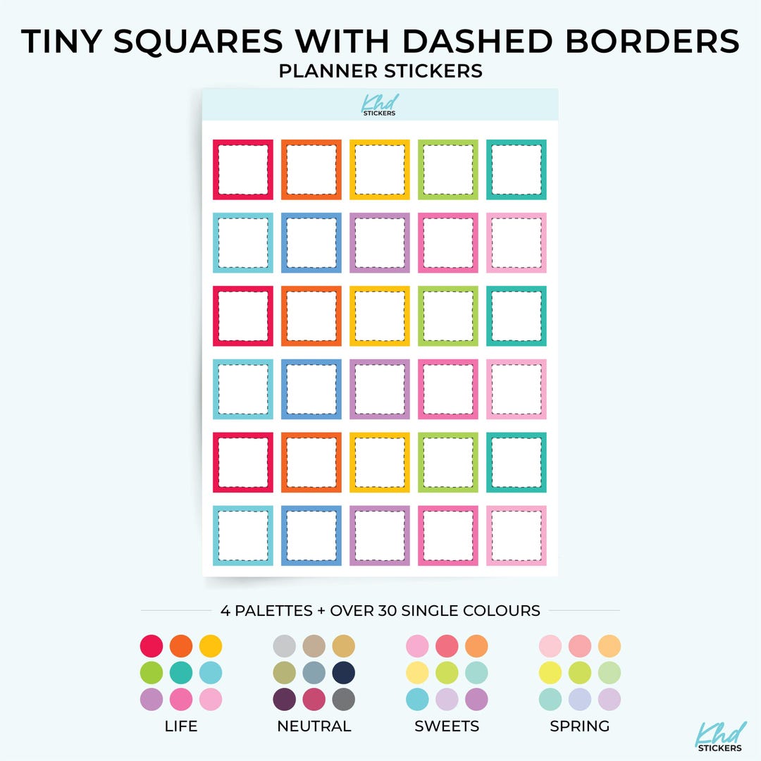 Mini Square Border Tiny Squares With Dashed Borders, Boxes Functional Planner Stickers ...