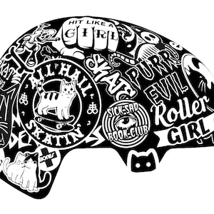 Könnte beinhalten: Schwarzweißes Grafikdesign mit einer Katze, einem Skateboard und verschiedenen Texten, darunter "All Hail Skatin", "Sick-Sad Book Club", "Evil Roller Girl" und "Hit Like A Girl".