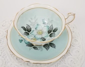 Light Turquoise Green Double Warrant Paragon Teacup and Saucer, Blue Scarlet Pimpernel Flower, Made in England, 1939 to 1949, British Tea