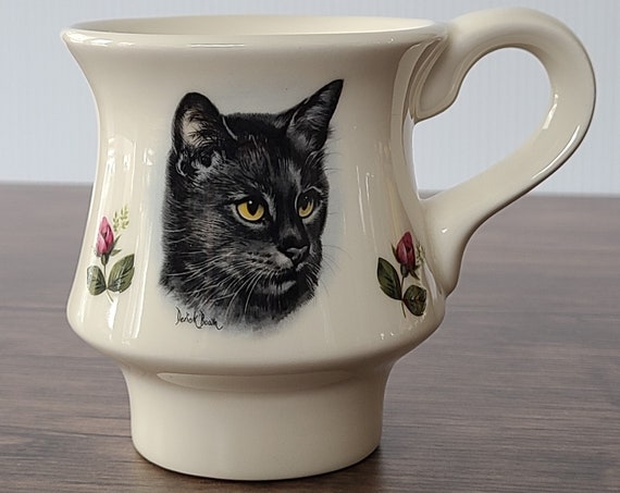 Vintage Ceramic Mug with Derick Bown Black Cat Art, Mug by Jaeger's Ceramics P.E.I, Rose Buds, Cat Lover Mug