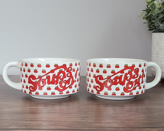 Vintage Pair "Soups on!" Mug Bowls, Red Tomatoes, Tomato Soup Bowl Mugs, 1970s, 1980s