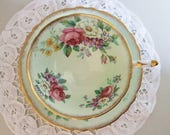 Double Warrant Paragon Teacup Saucer, Light Green, Pink Cabbage Roses, Floral Bouquet, Fine English China, Gold Gild, 1952-1960, Tea Party