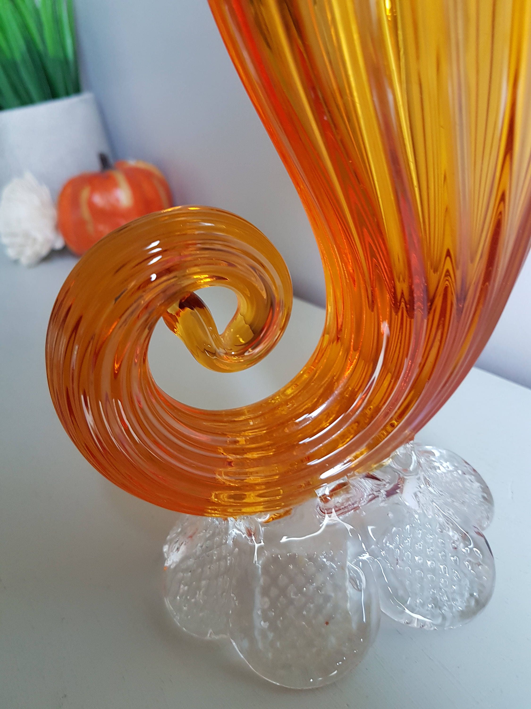 Vintage Chalet Glass, Gold and Clear Cornucopia Vase, Ribbed Heritage