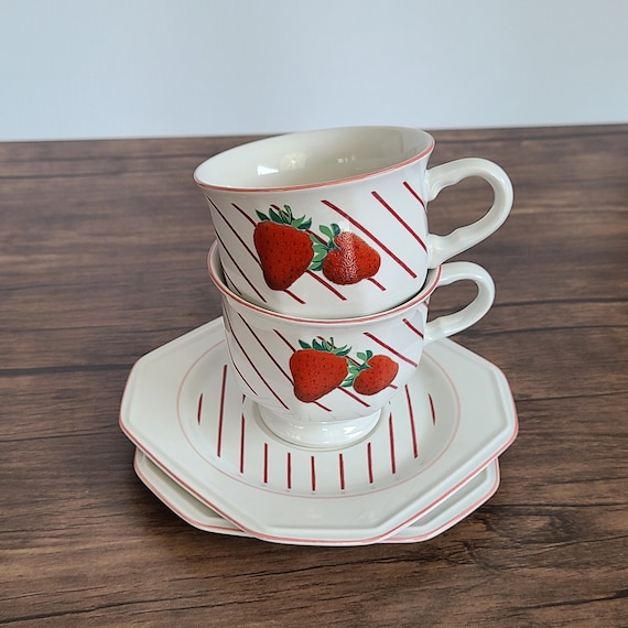 Pair 1980's Cup and Saucer Fresh Fruit-Strawberries by MIKASA, 1984 to 1986, Red and White, Stripes. 80s Home, Octagon Saucer