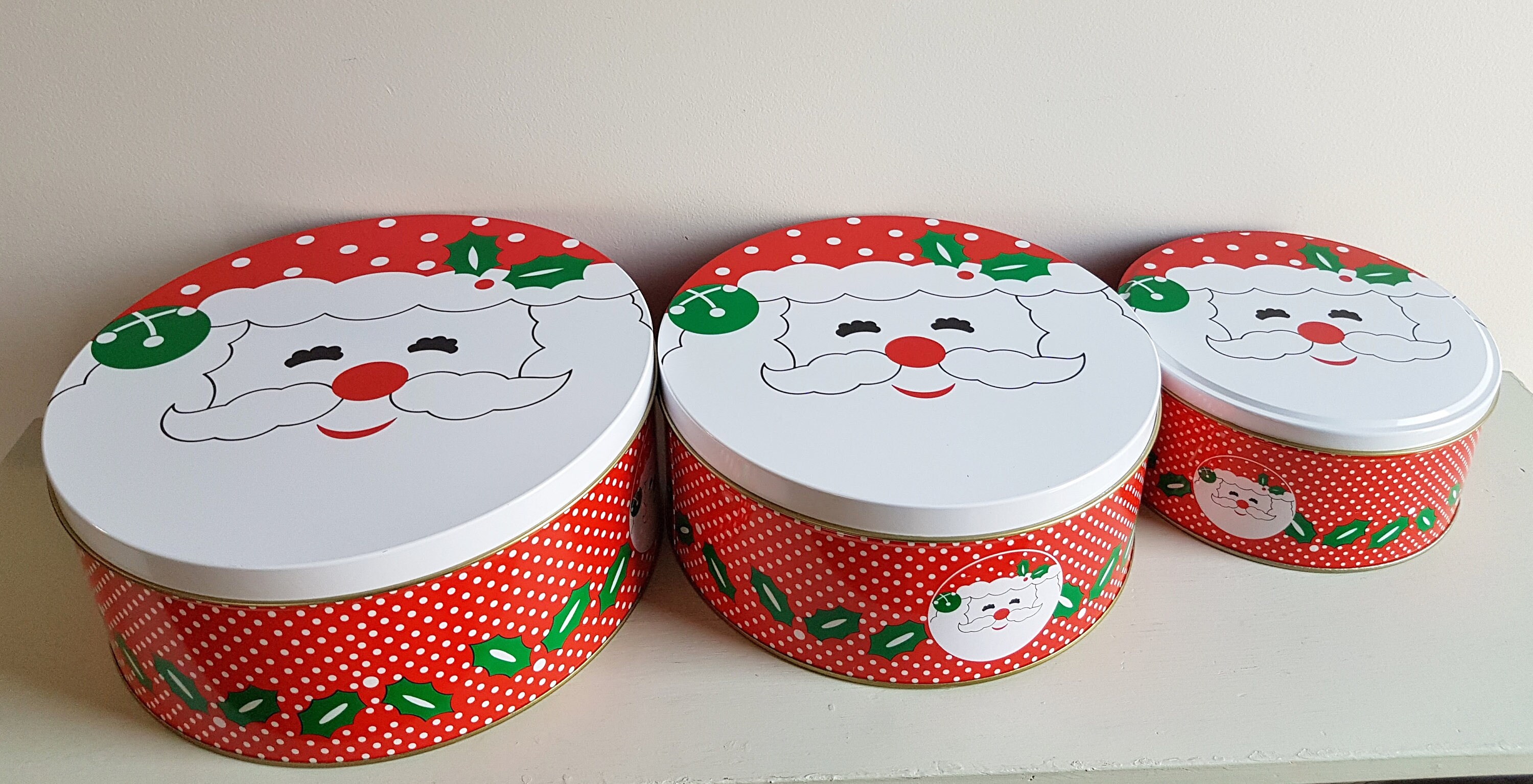 Set of 3 Nesting Holiday Tins NEW IN BOX Jolly Santa Face, Cookie Tins