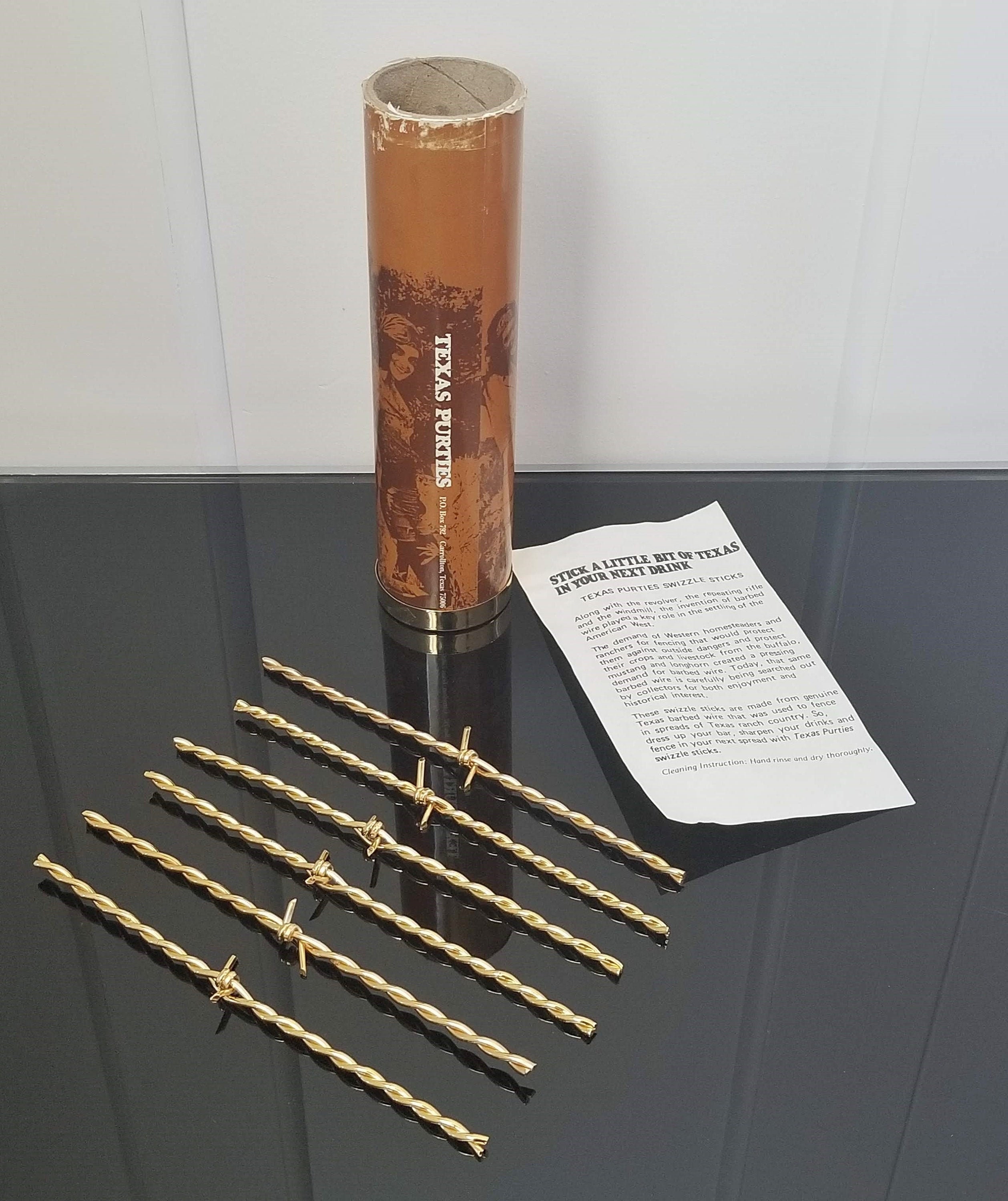 Barbed Wire Swizzle Sticks, Gold Plated 24K, Texas Purties, Set of 6