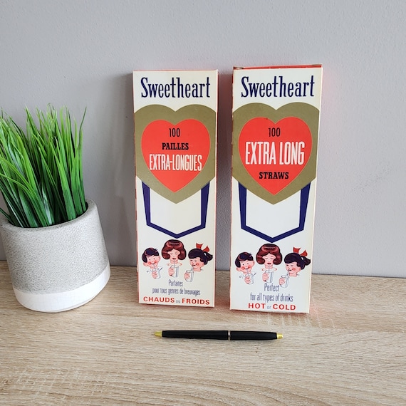 Pair Vintage Sweetheart Extra Long Straws, in Box, Red Stripe -Retro Sips:  A Nostalgic Duo for Your Drinks! Made in Canada!