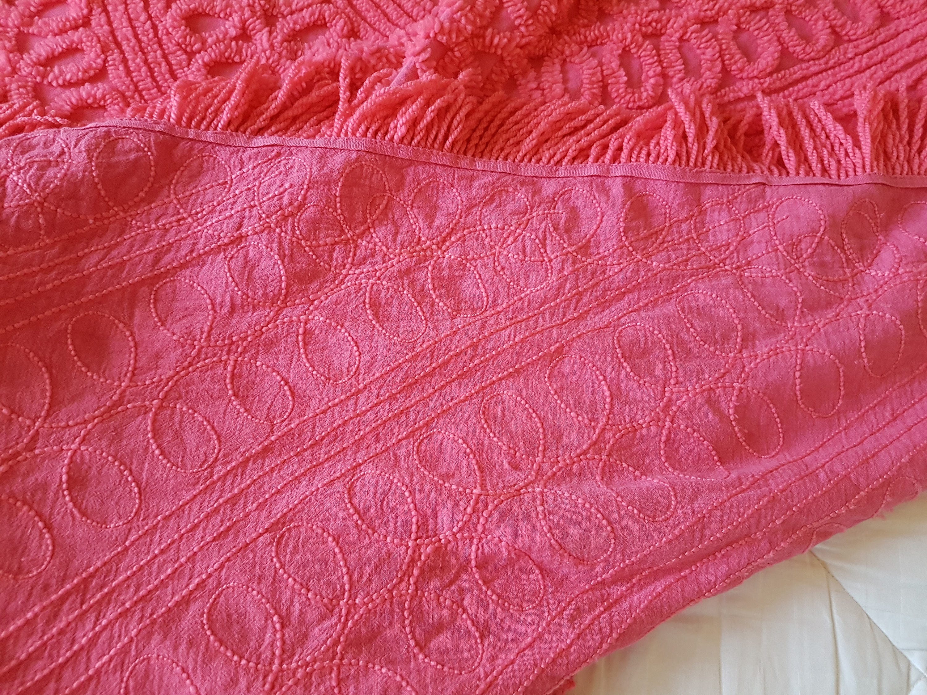 Vintage Hot Pink Chenille Bedspread, Retro Coverlets, Fringed, Full