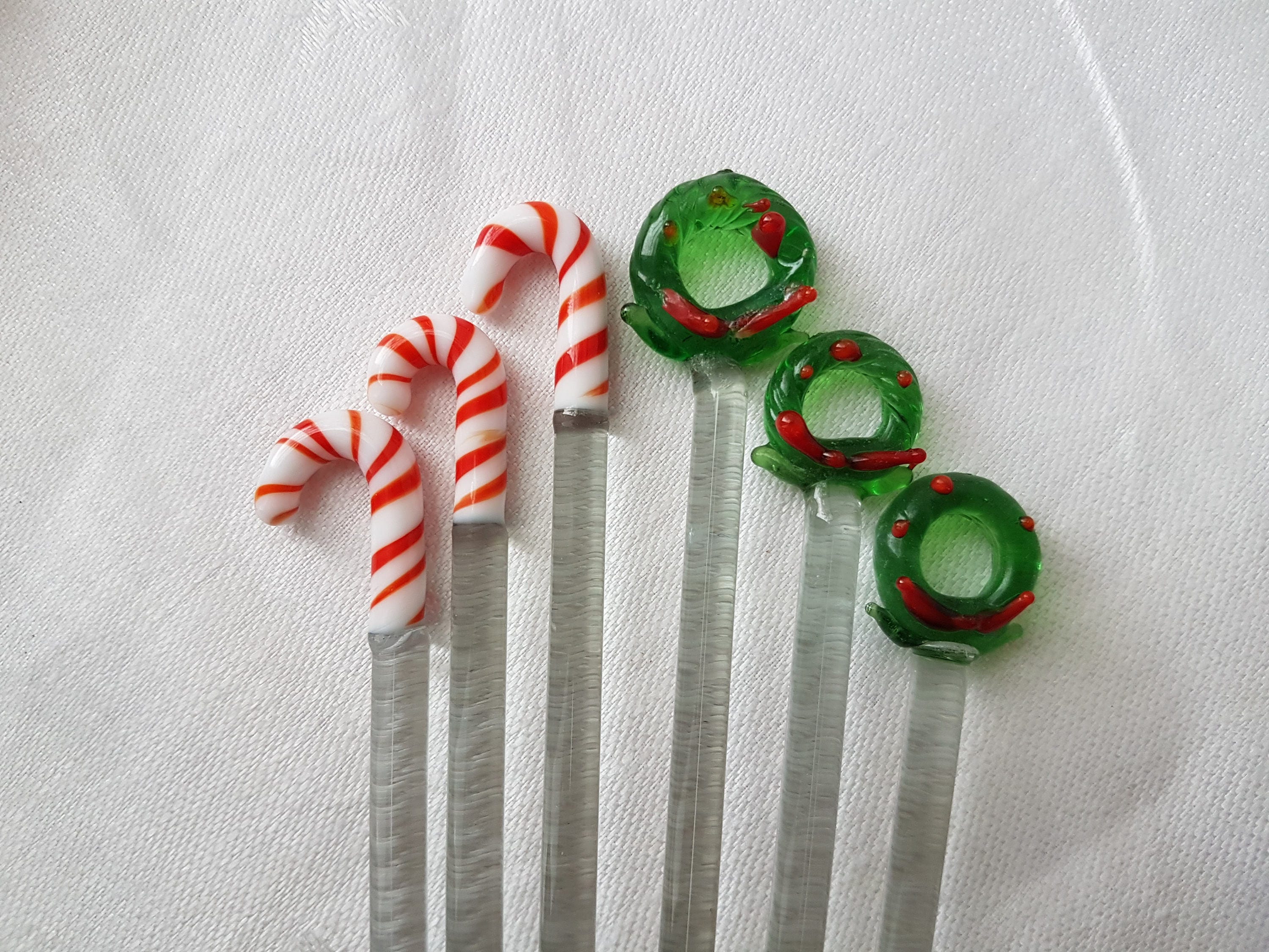 Vintage Glass Christmas Swizzle Stick, Drink Stir Sticks, Set of 6 in