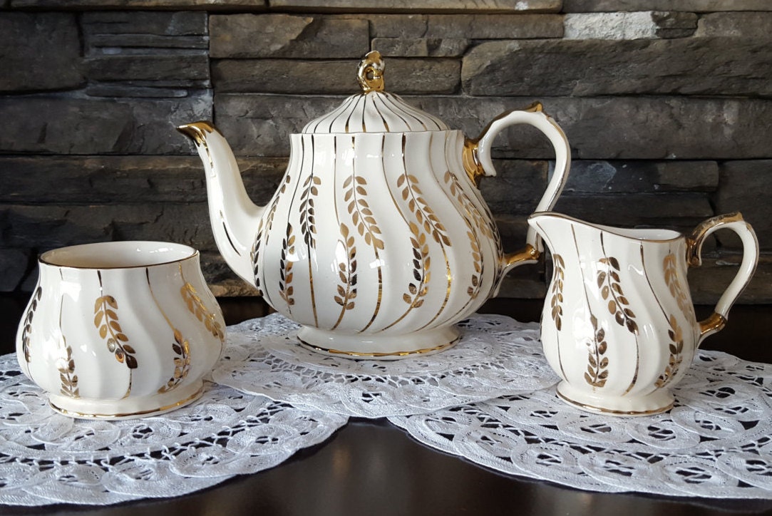 RESERVED Sadler Teapot with Creamer and Open Sugar Bowl, Gold Leaves