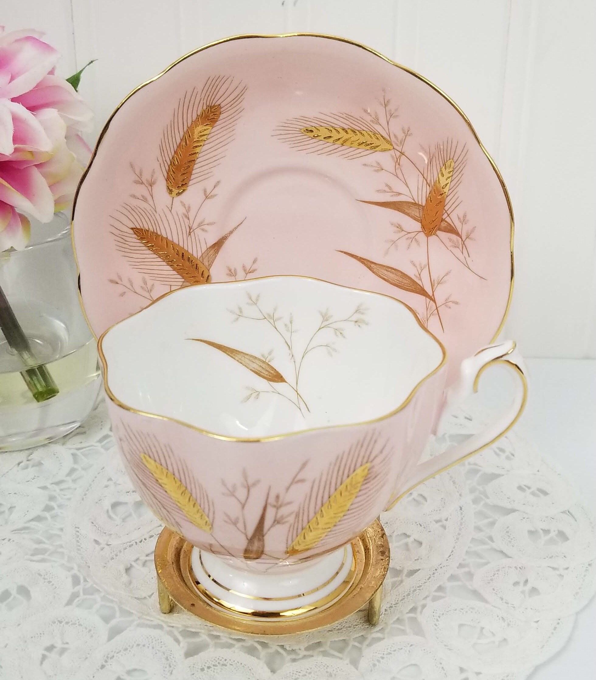 Queen Anne Pink & Gold Teacup and Saucer, Gold Wheat Pattern on a Light