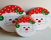 Set of 3 Nesting Holiday Tins NEW IN BOX- Jolly Santa Face, Cookie Tins- 3 Piece Set- Red, Holly Leaves, Baking Gift Giving, Hostess Gift