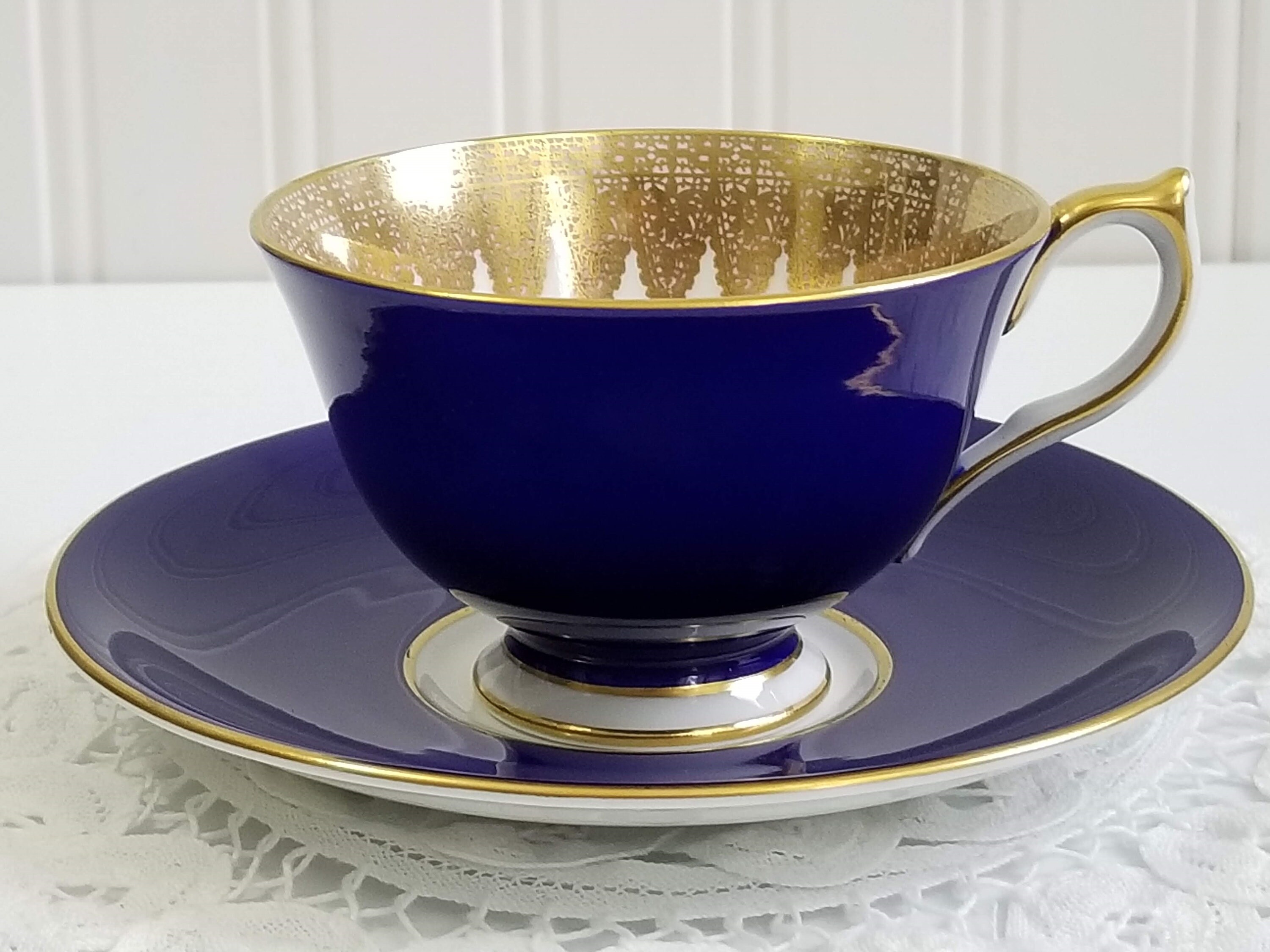 Aynsley Teacup & Saucer Set, Cobalt Blue with Pink Roses and Heavy Ornate Gold Design, Fine