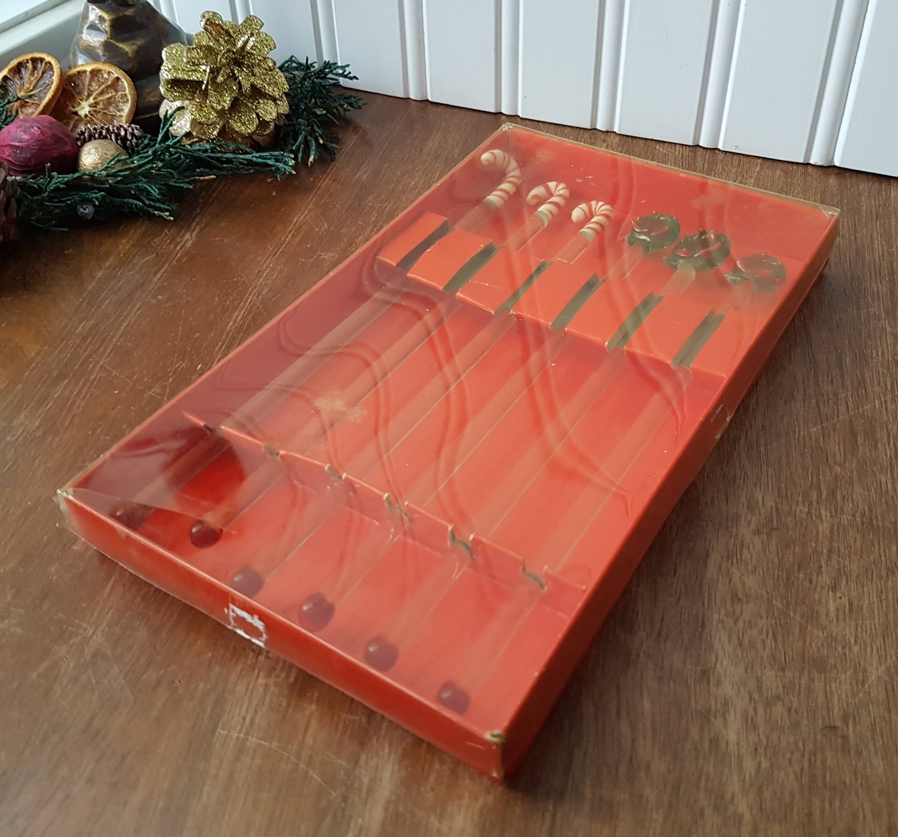 Vintage Glass Christmas Swizzle Stick, Drink Stir Sticks, Set of 6 in