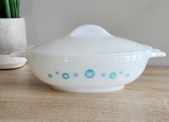 Turquoise Atomic Snowflake Starburst Glasbake Lidded Casserole Dish, Handles, 1 Quart Oval Casserole Dish