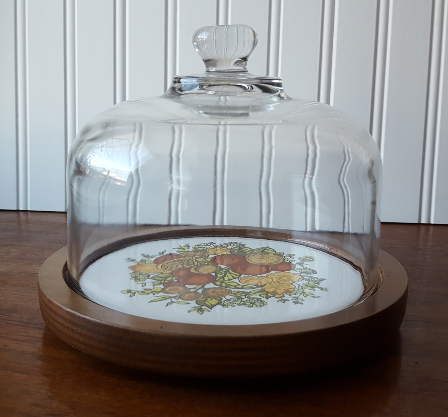 Vintage Round Wood and Ceramic Tile Cheese & Cracker Tray/platter with