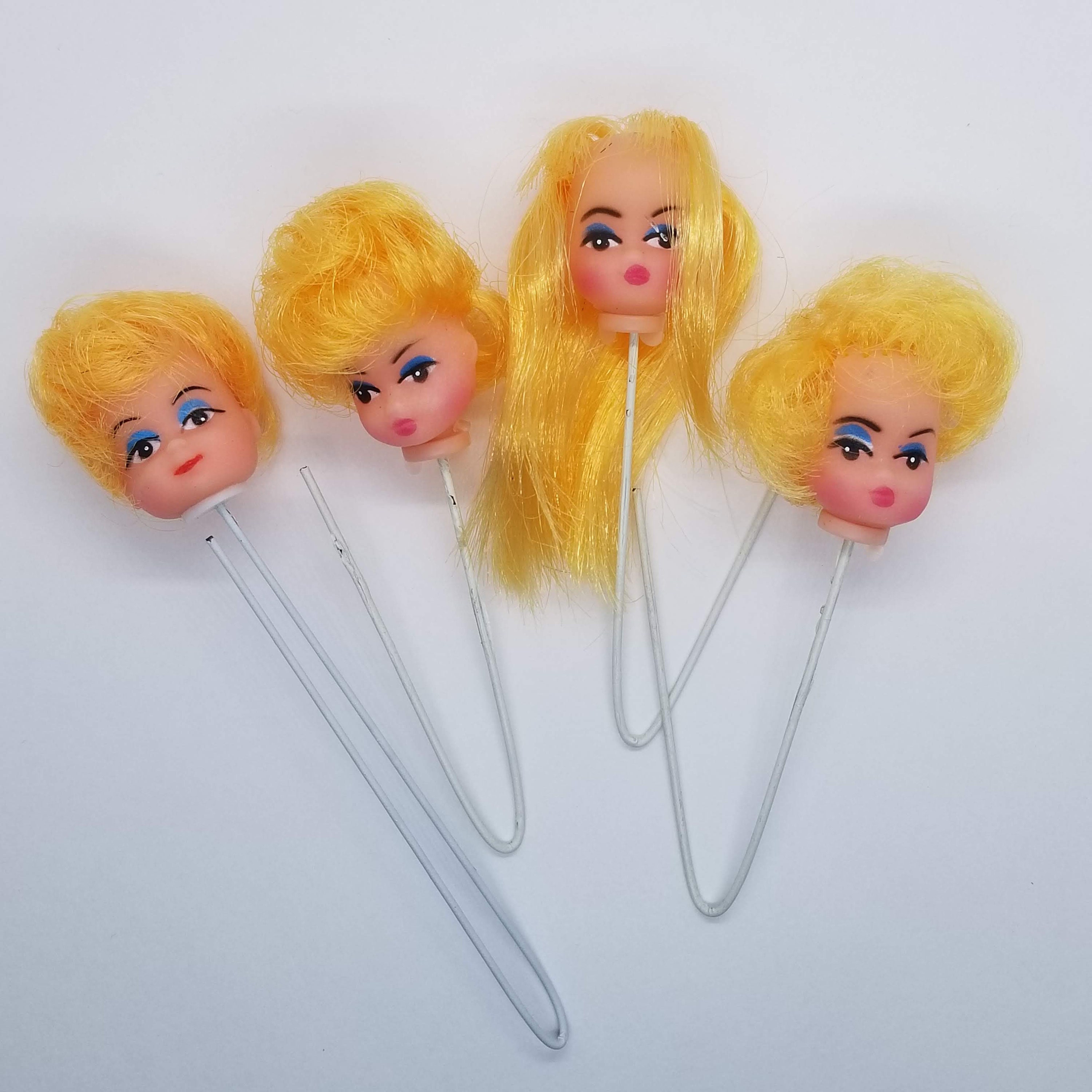 Miniature Blonde Doll Heads on a Wire, Set of 4, Blondes, Short/Long