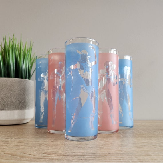 Mid-Century Tom Collins Bar Glasses Set of 5 - Western Whimsy for Your Home Bar, Pink and Blue Cowboy with Fiddle and Cowgirl with Lasso!