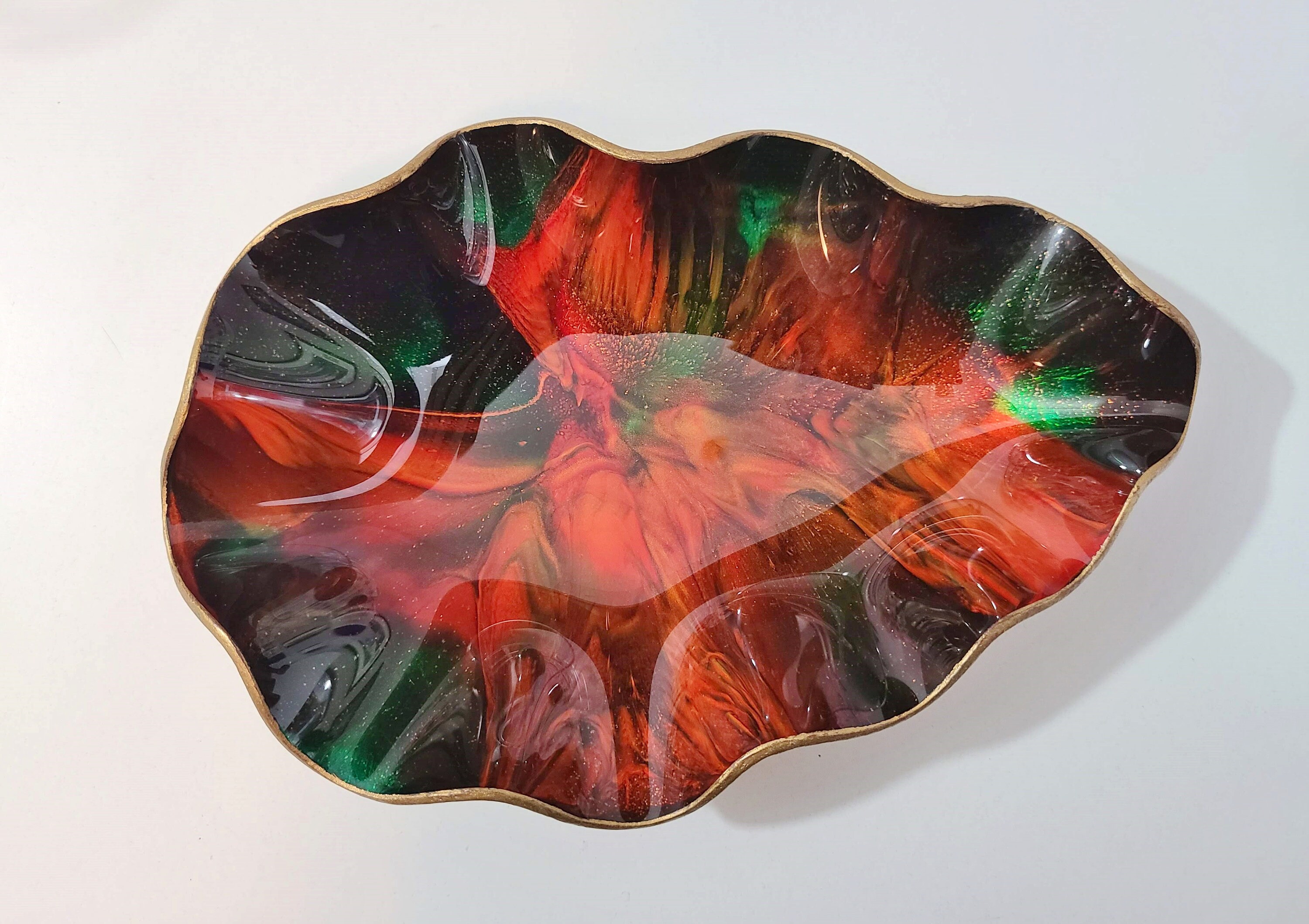 SeeTuSee Glass Bowl or Art Piece, Made in Canada, Red, Green, Gold