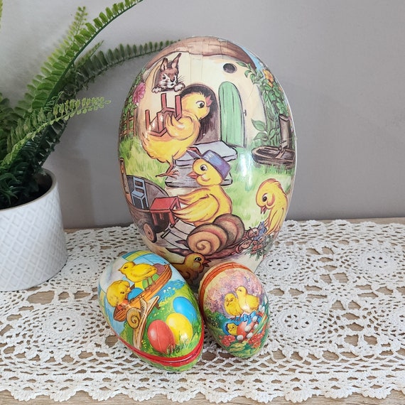 Vintage West German Easter Eggs - Set of 3, Charming Candy Containers with Easter Scenes for Spring Decor and Festive Delights, Display