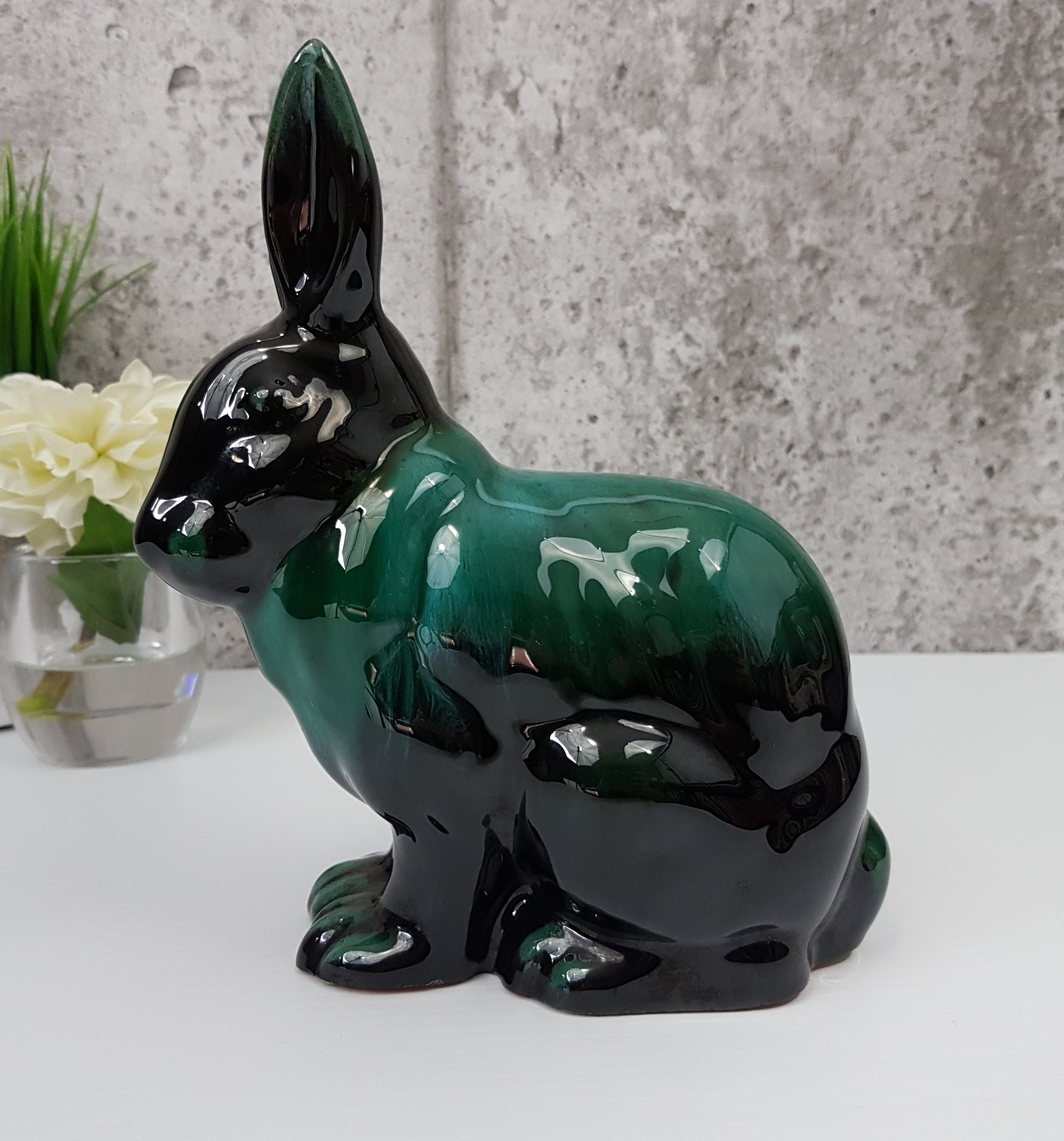 Blue Mountain Pottery Hare, Rabbit, Bunny, Green Drip Glaze with Black