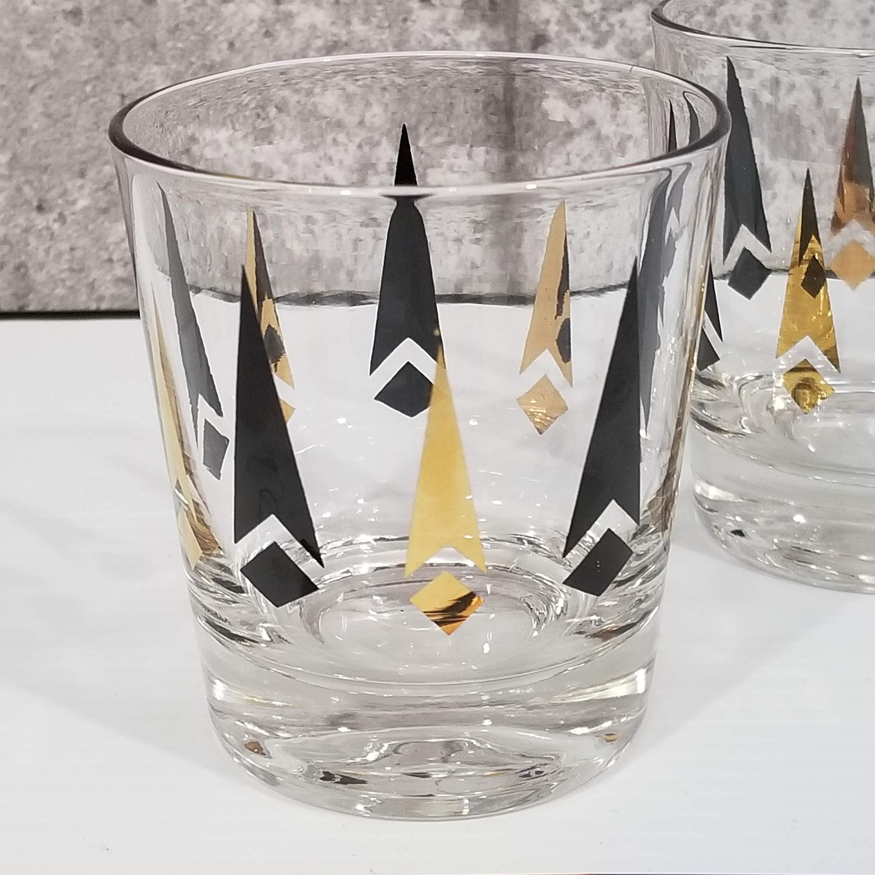 Mid Century Whiskey/Rock Glasses with Black and Gold Diamonds and