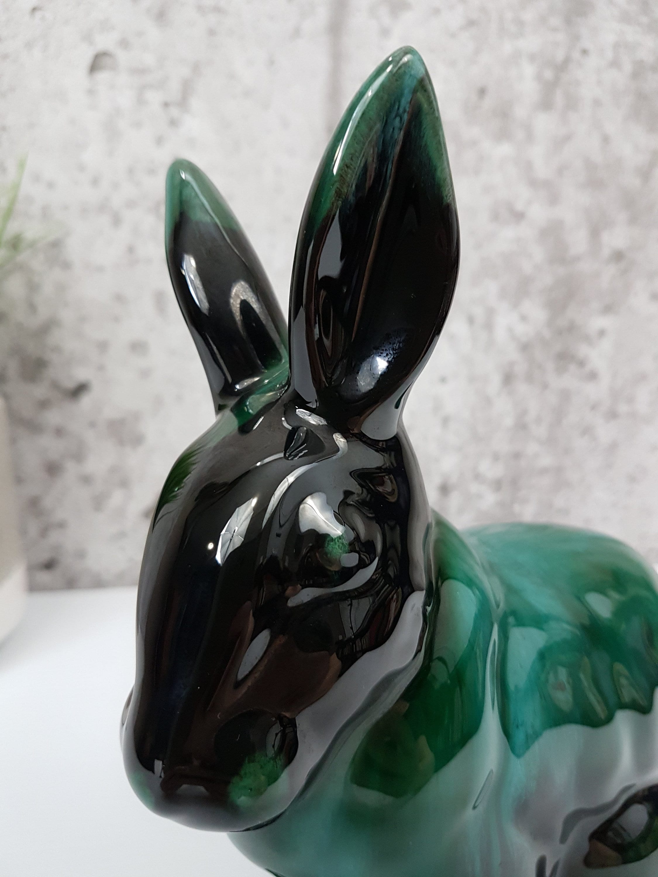 Blue Mountain Pottery Hare, Rabbit, Bunny, Green Drip Glaze with Black, Made in Canada, Red Clay