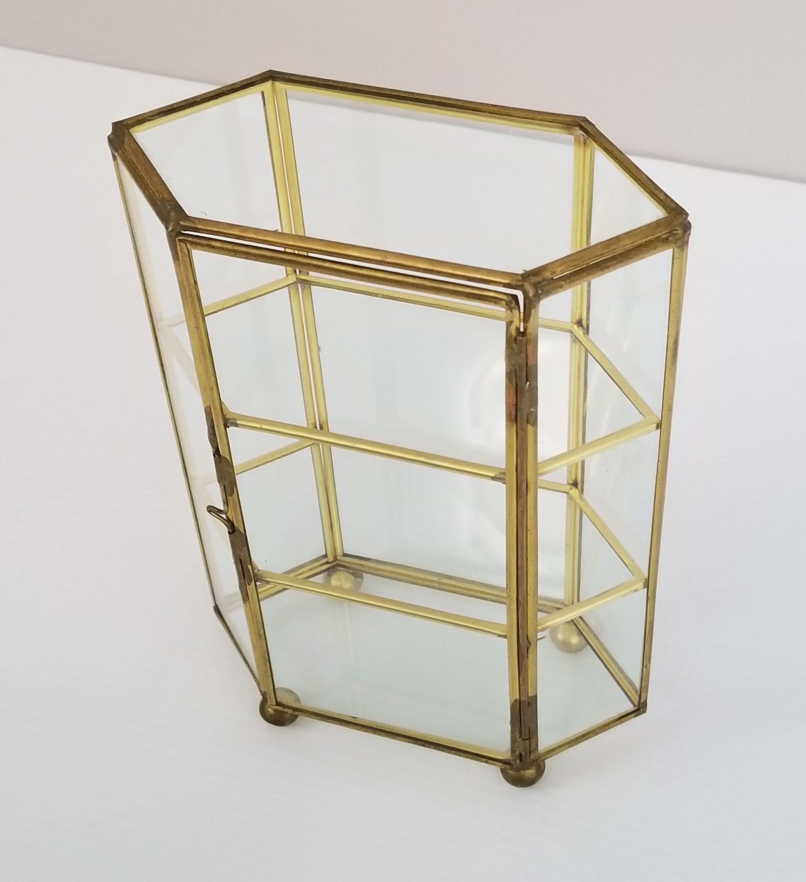Vintage Glass and Brass 6sided Tabletop Curio Display Case, Two Shelves, Shadow Box