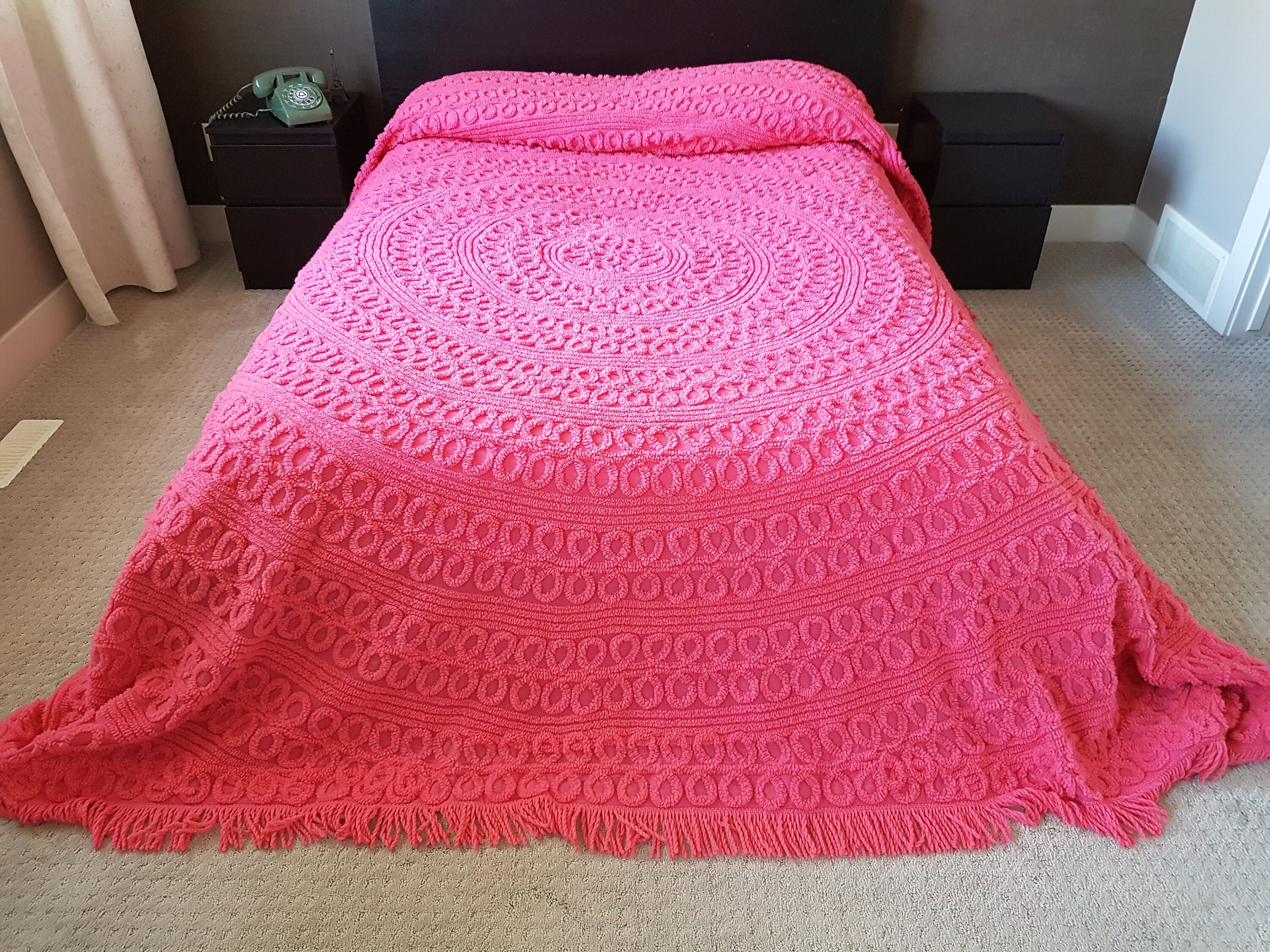 Vintage Hot Pink Chenille Bedspread, Retro Coverlets, Fringed, Full