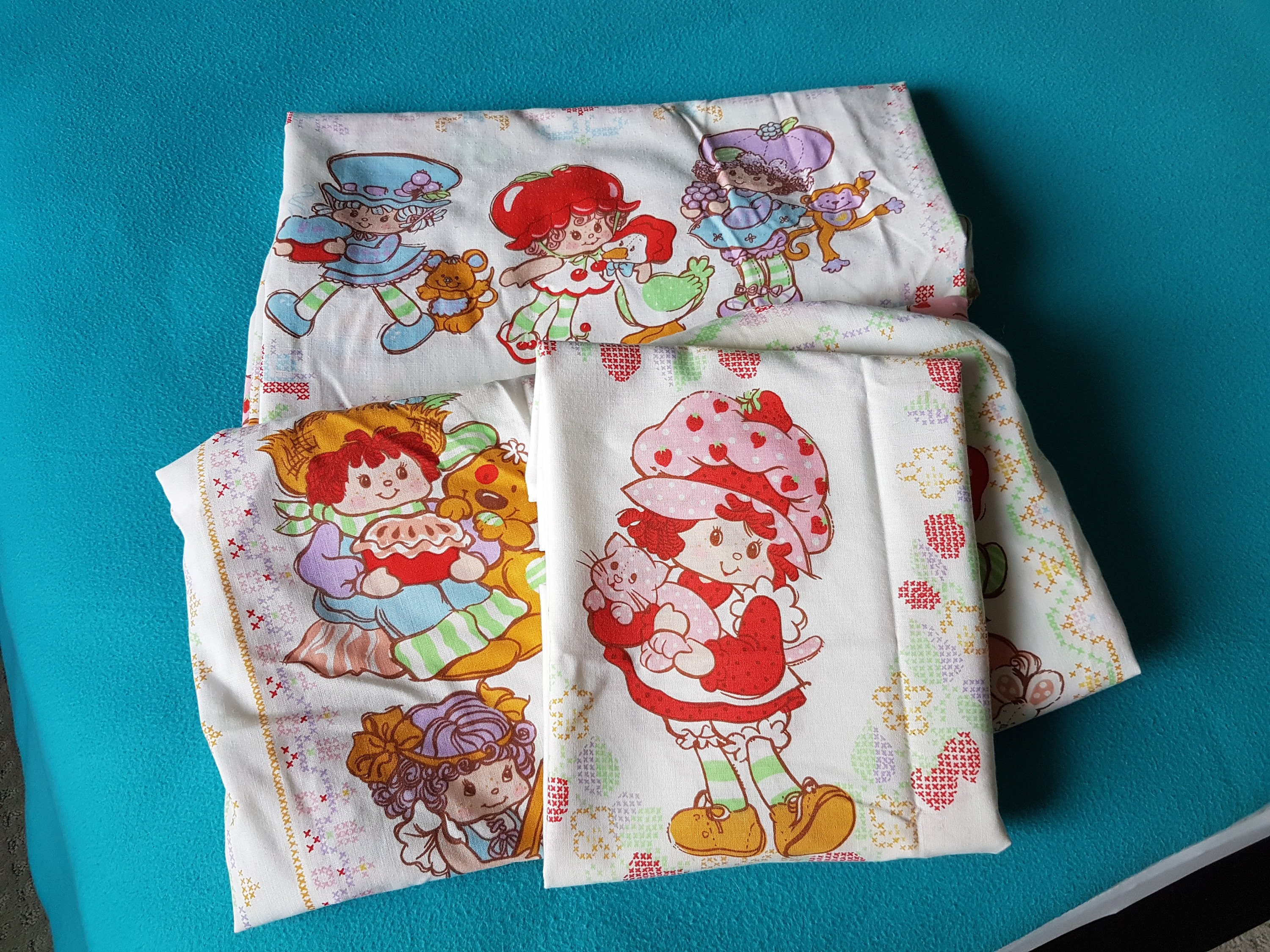 vintage-strawberry-shortcake-custard-the-cat-and-friends-twin-sheet