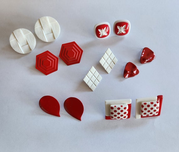 Back to the Future: 1980's Retro Red & White Pierced Earring Extravaganza, Lot of 7 Sets, Metal and Plastic, Retro Fashion!