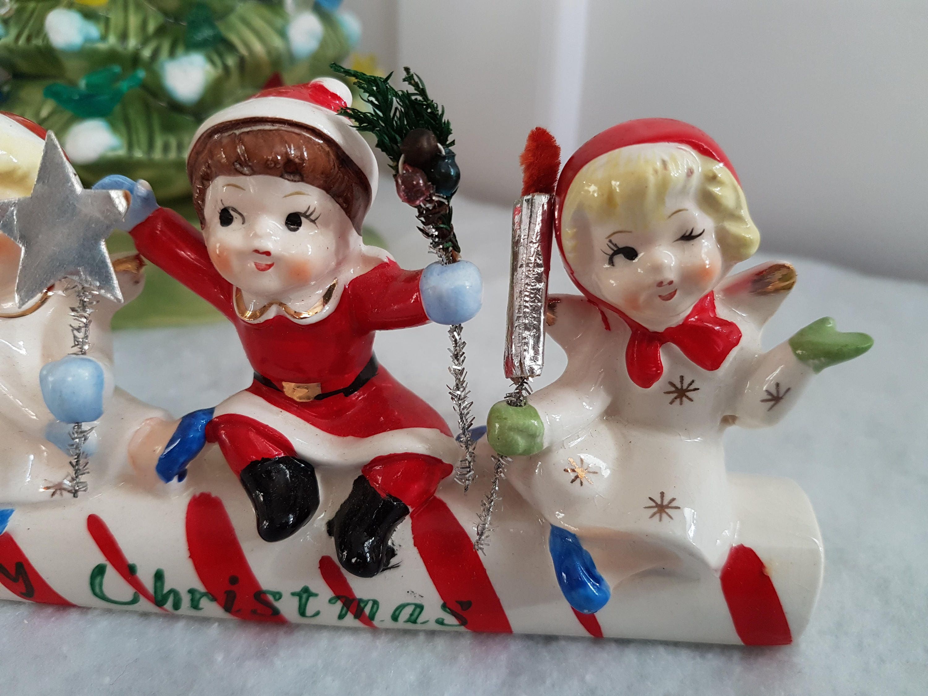 Vintage Angel CandyCane Sleigh Set with Ornaments in Original Box, by