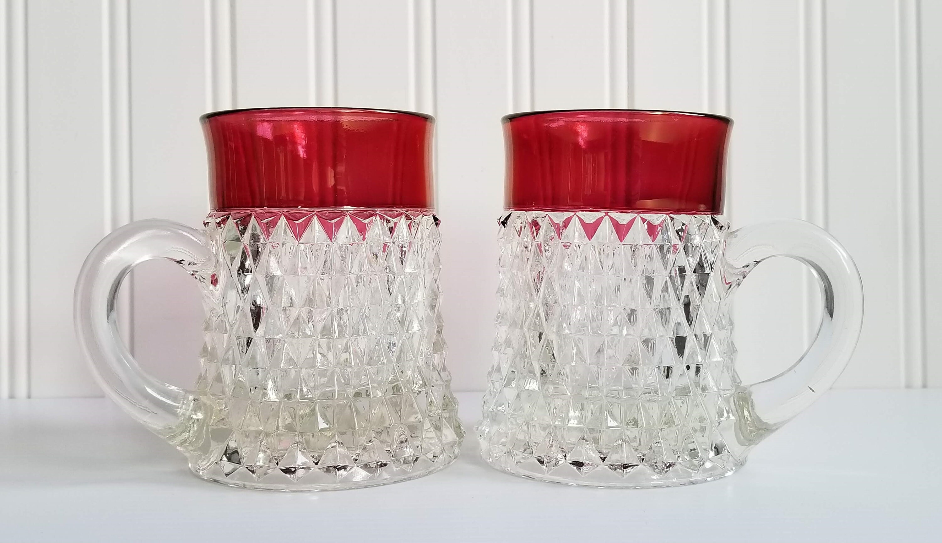 Ruby Band Diamond Point Mugs by Indiana Glass, Pair, Set of Two, 1980's