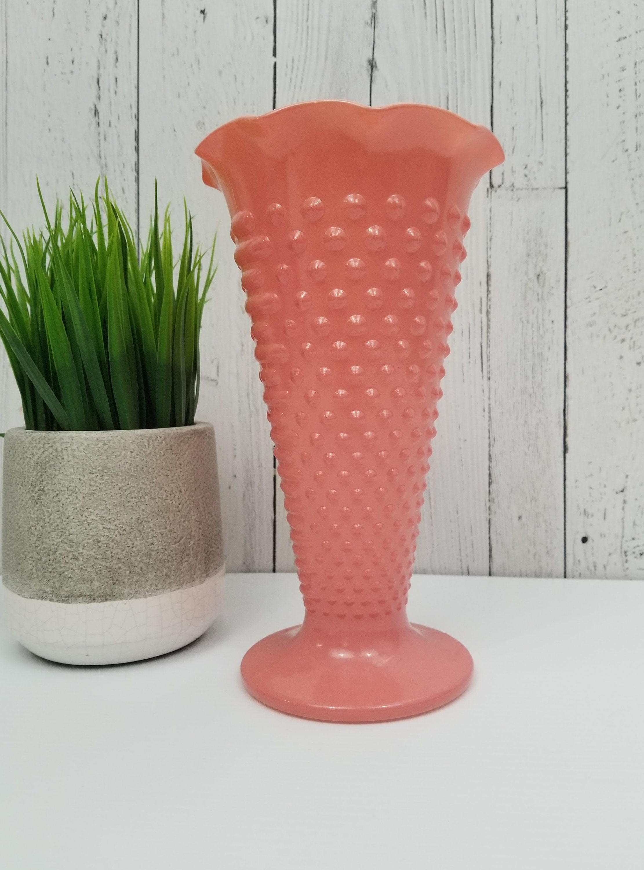 Rare Anchor Hocking Fire King Coral Pink Hobnail Trumpet Vase